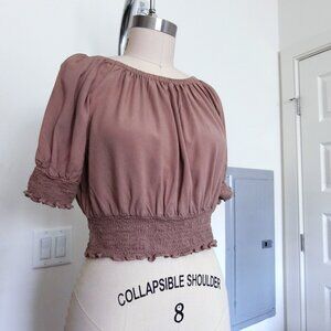 Binky Felstead Smocked Waist Puff Sleeve Blouse – Taupe Brown, Size M